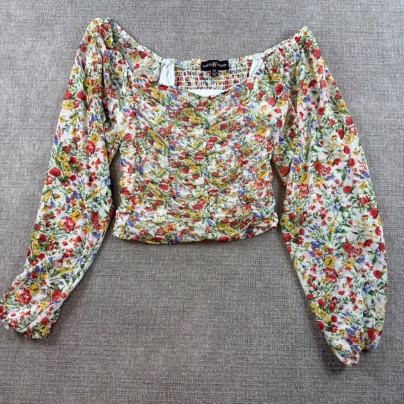 Almost Famous Tops - Almost Famous Women Floral Mesh Ruched Crop Top‎ Long Sleeve Smocked Back M Y2K